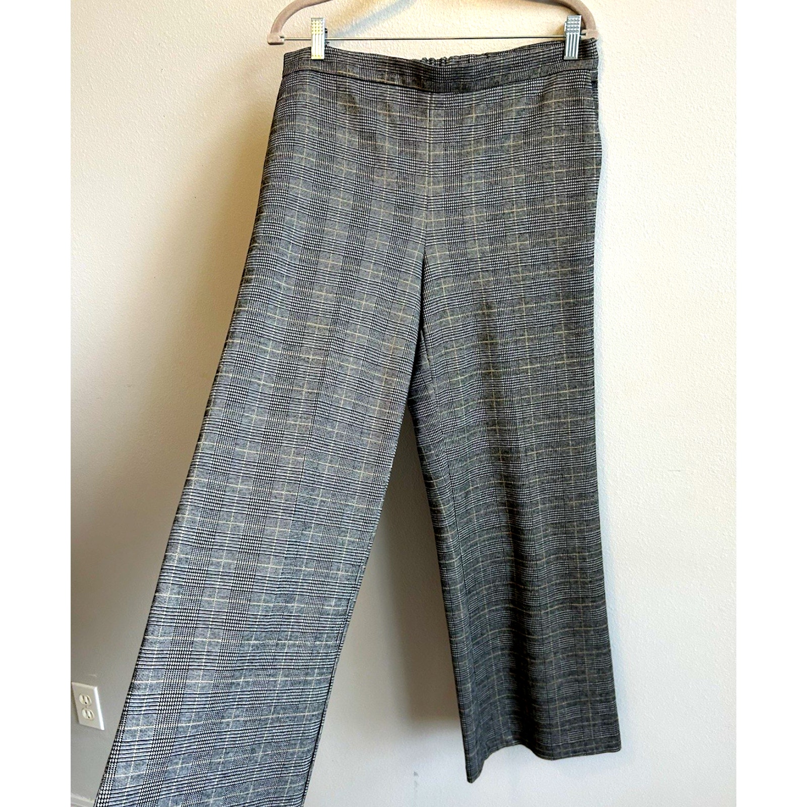 Y2k Pull On Wide Leg Pants Plaid Office Business Elastic Waist Stretch Gray L/Xl